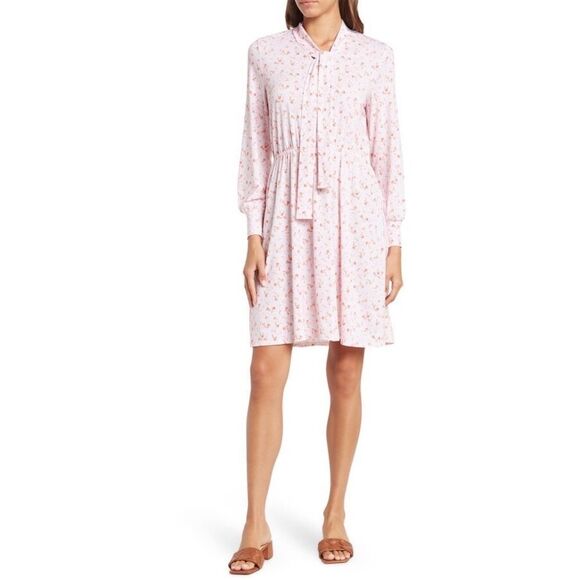 ADRIANNA Papell Tie Neck Long Sleeve Knit Dress in Ivory / Salsa Painted M NWT - Picture 1 of 10